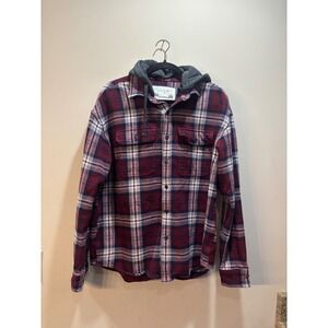 Y2K American Eagle Plaid Flannel Hooded Shirt Jacket Burgundy Navy‎ White Mens L